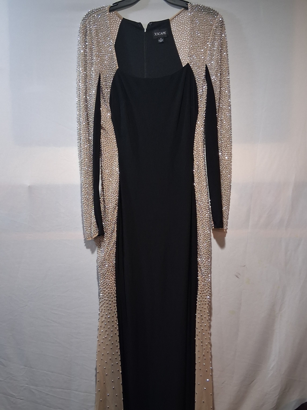 Xscape Black Evening Gown with Nude Crystal-Embellished Overlay